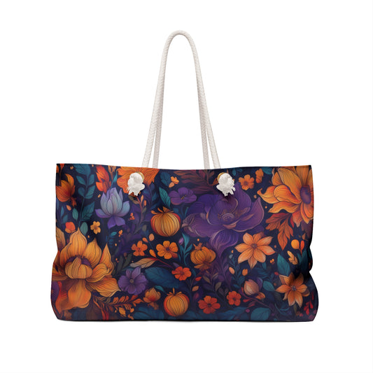 Autumn Bloom Weekender Bag — Pumpkin & Purple Floral Travel Tote
