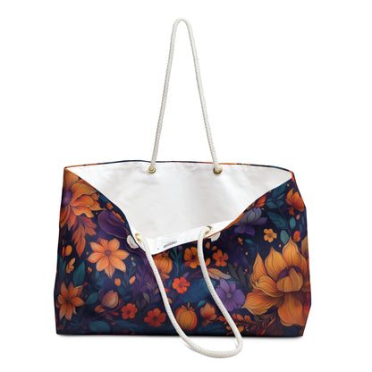 Autumn Bloom Weekender Bag — Pumpkin & Purple Floral Travel Tote
