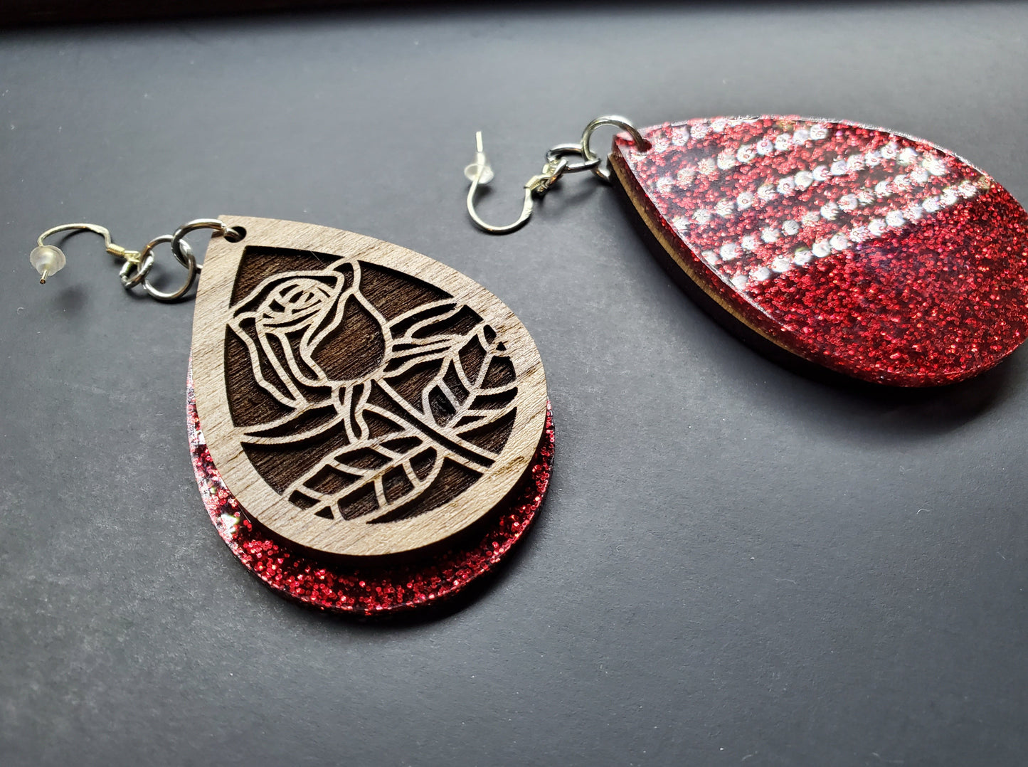 Rose Engraved Walnut & Red Glitter Earrings