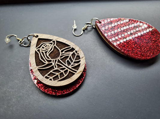 Rose Engraved Walnut & Red Glitter Earrings