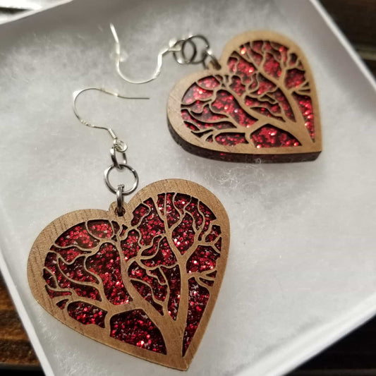 Red Tree of Life Heart Earrings